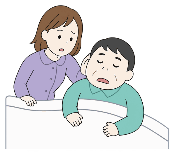 眠っている男性のいびきと無呼吸に気づき、心配そうに見守る家族のイラスト